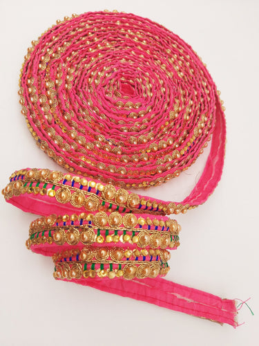 Cerise Pink Fabric Embroidered Trim with Gold Beads, Decorative Sari Trim, Trim By 3 Yards